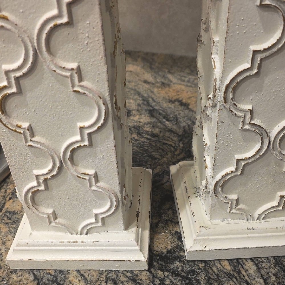Distressed White Carved Pillar Candle Holders with Black Accents - Pair - Picture 4 of 8